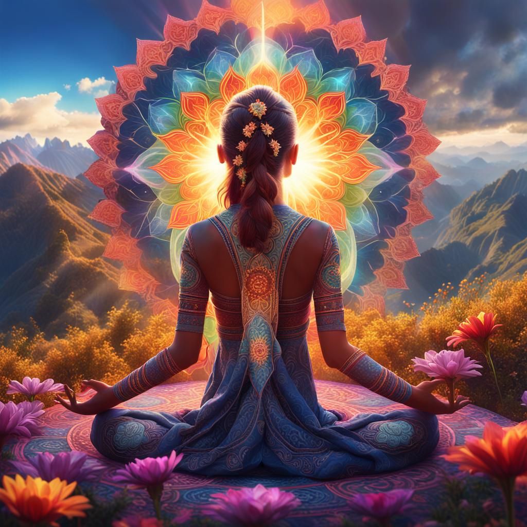 Meditating Woman Illuminated by Mandala Sun