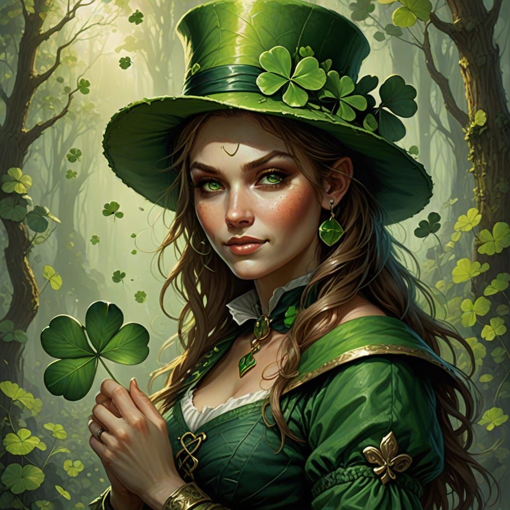 Leprechaun Lady Luck in Whimsical Folk Art Style