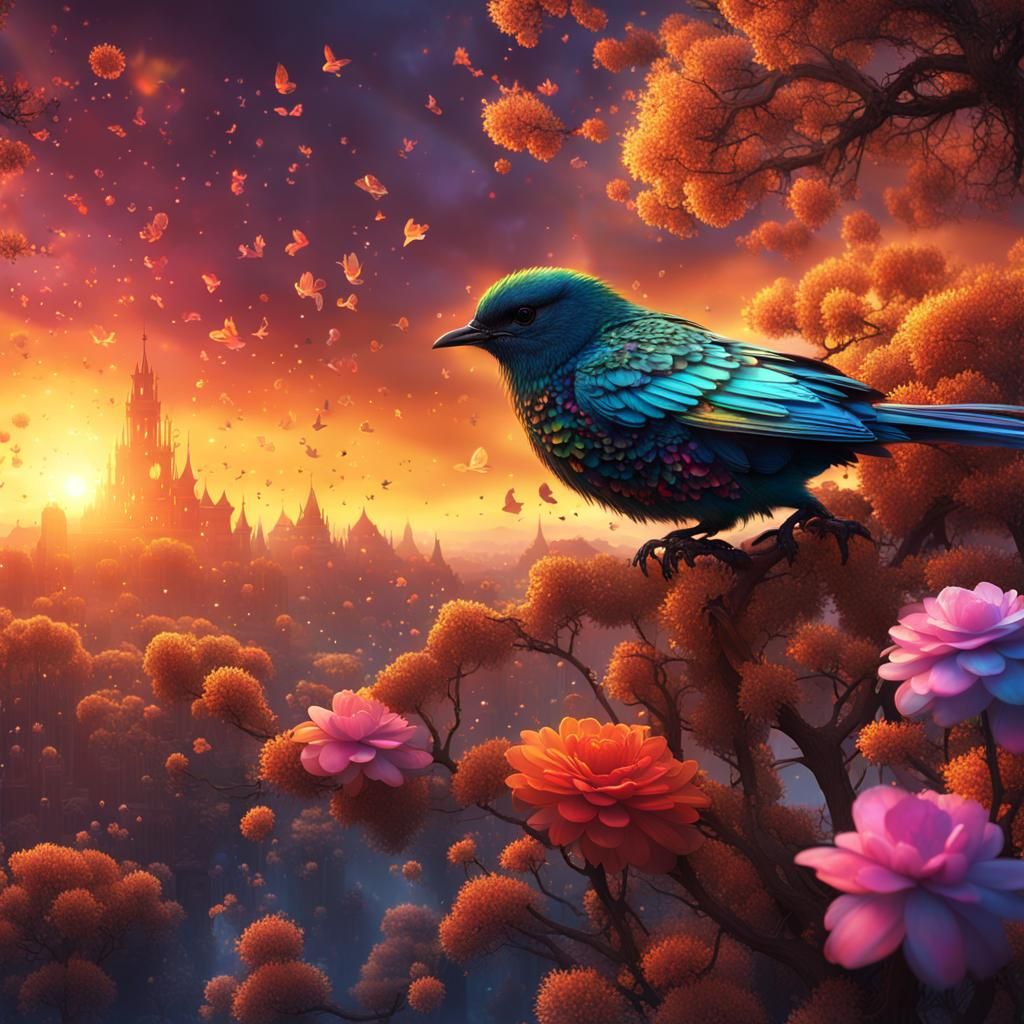 Rainbow Blossom Sunset Bird Silhouette: Digital Matte Painti...