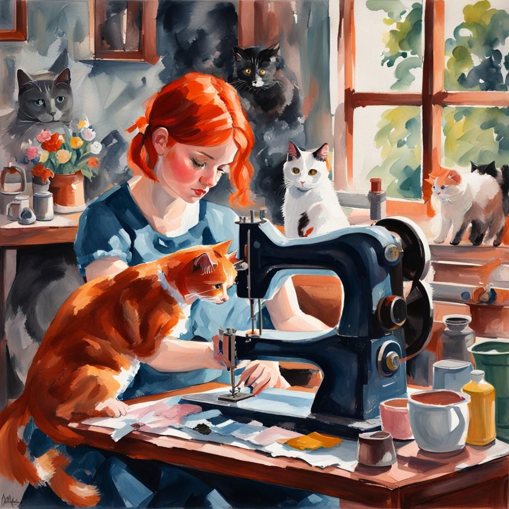 Girl Sewing with Cats in Gouache Impressionist Style