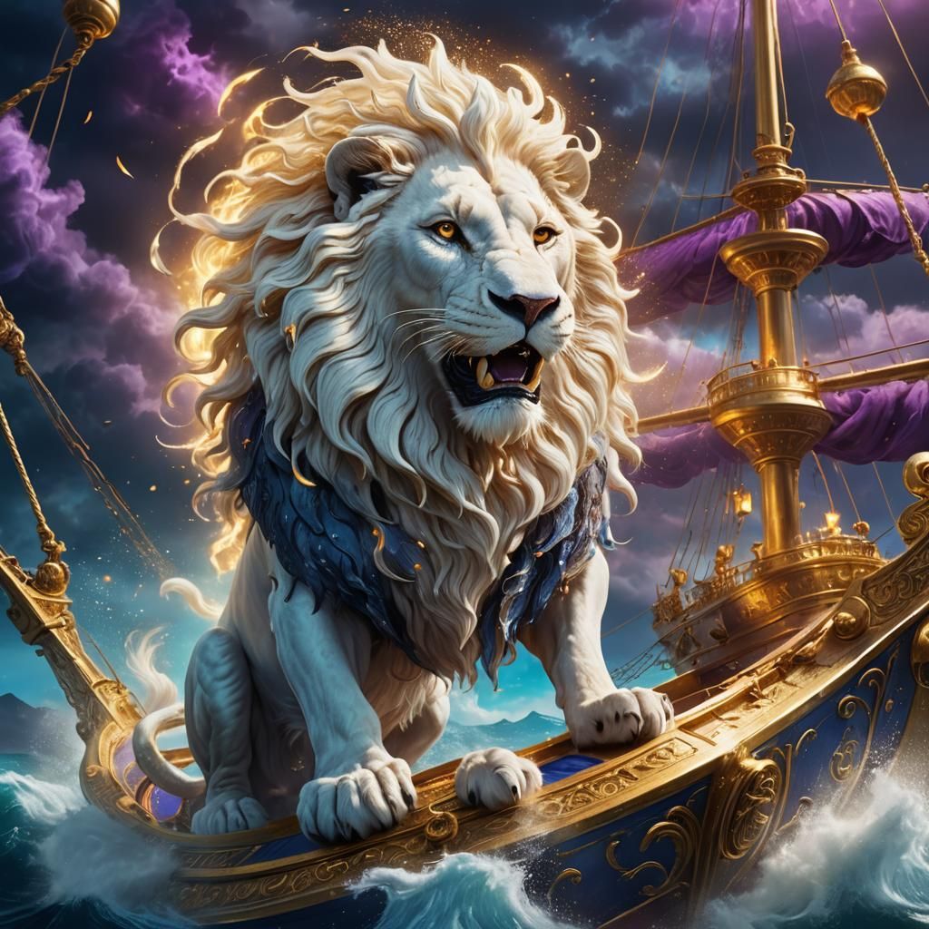 Lion Steers Golden Ship in Ocean Whirlwind