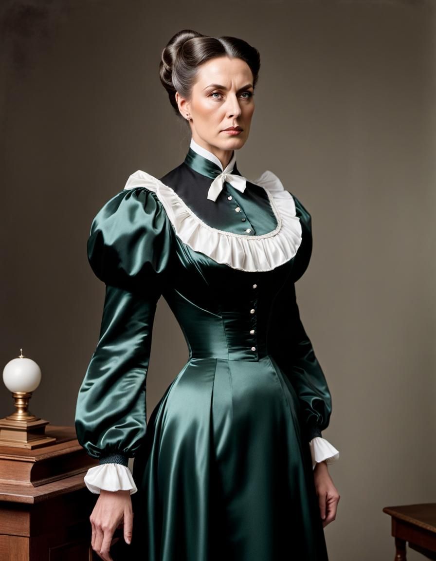 Victorian School Teacher in Shiny Satin Dress