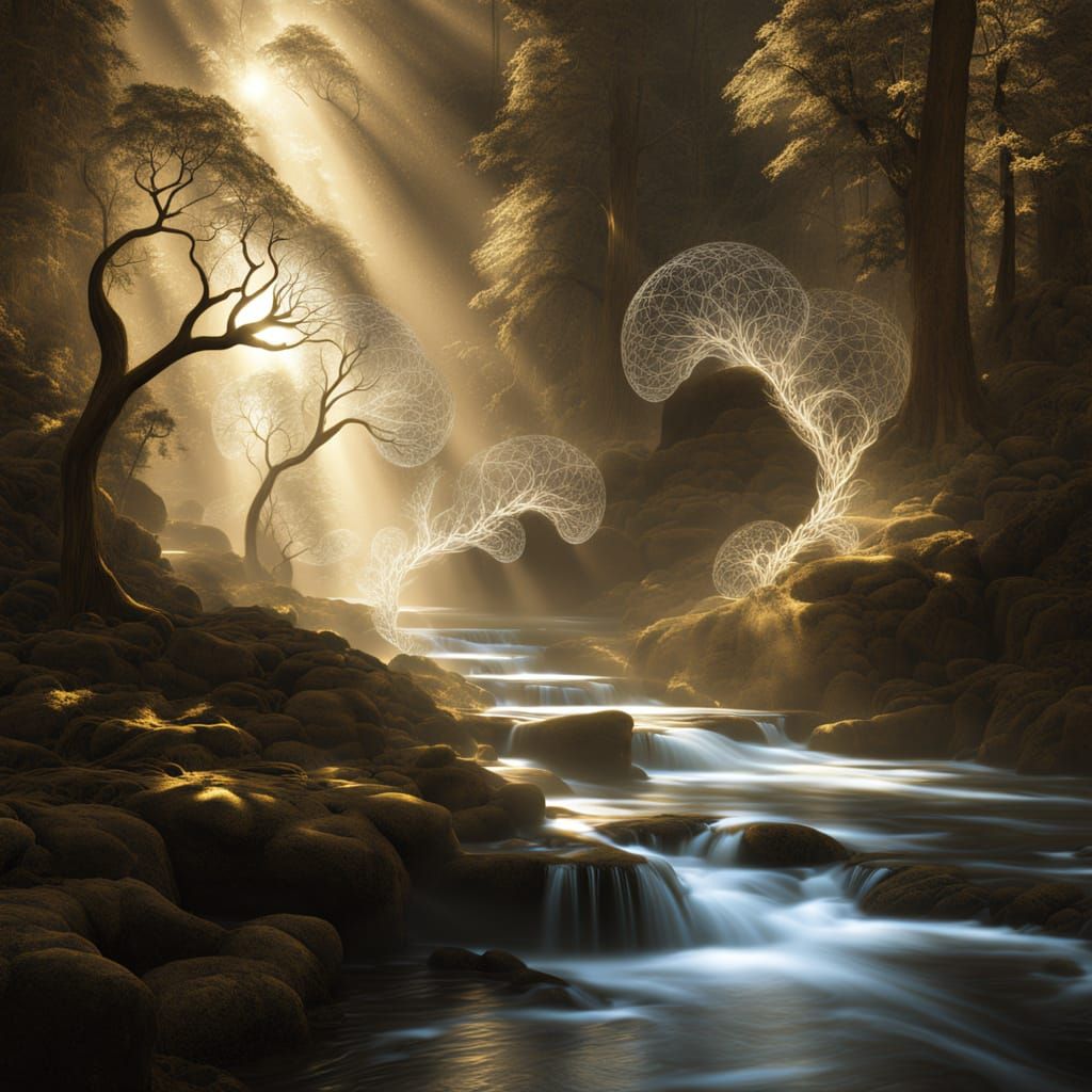 Ethereal Fractal Forest Dreamscape with Light Rays