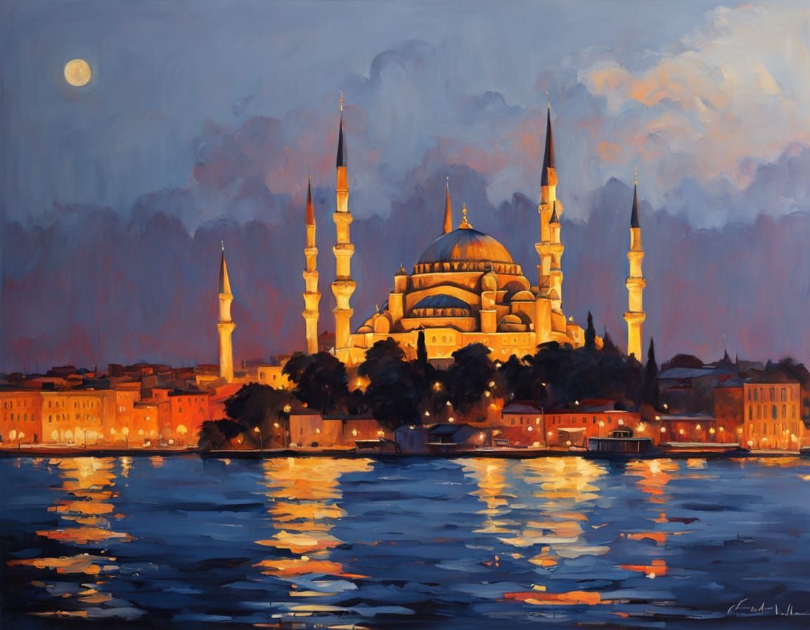 Istanbul, blue mosque, view from the sea, sunrise, dynamic lighting thanks to @Shevek for the prompt and inspiration.