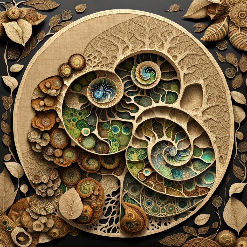 Intricate Fractal Art with Nautilus and Botanical Elements