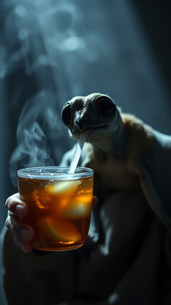 Marsh Tit Bird Enjoys Tea in Cinematic Sci-Fi Style