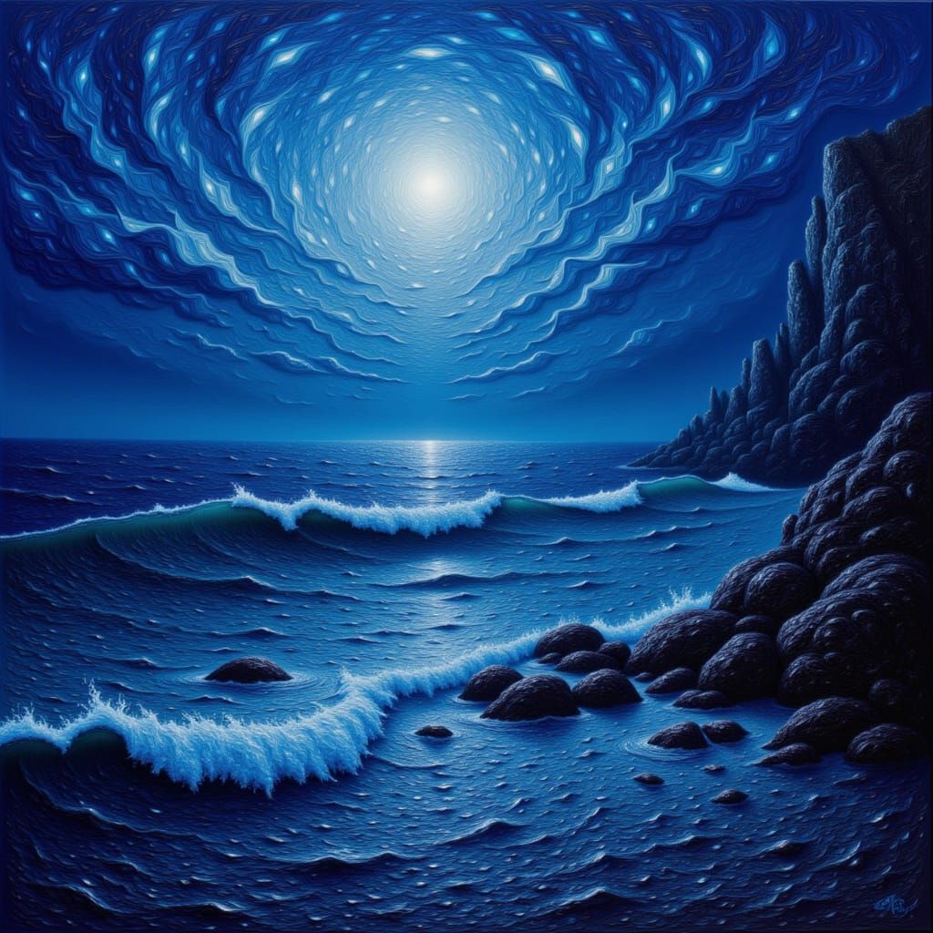 Stormy Seas at Midnight Under a Shimmering Moon