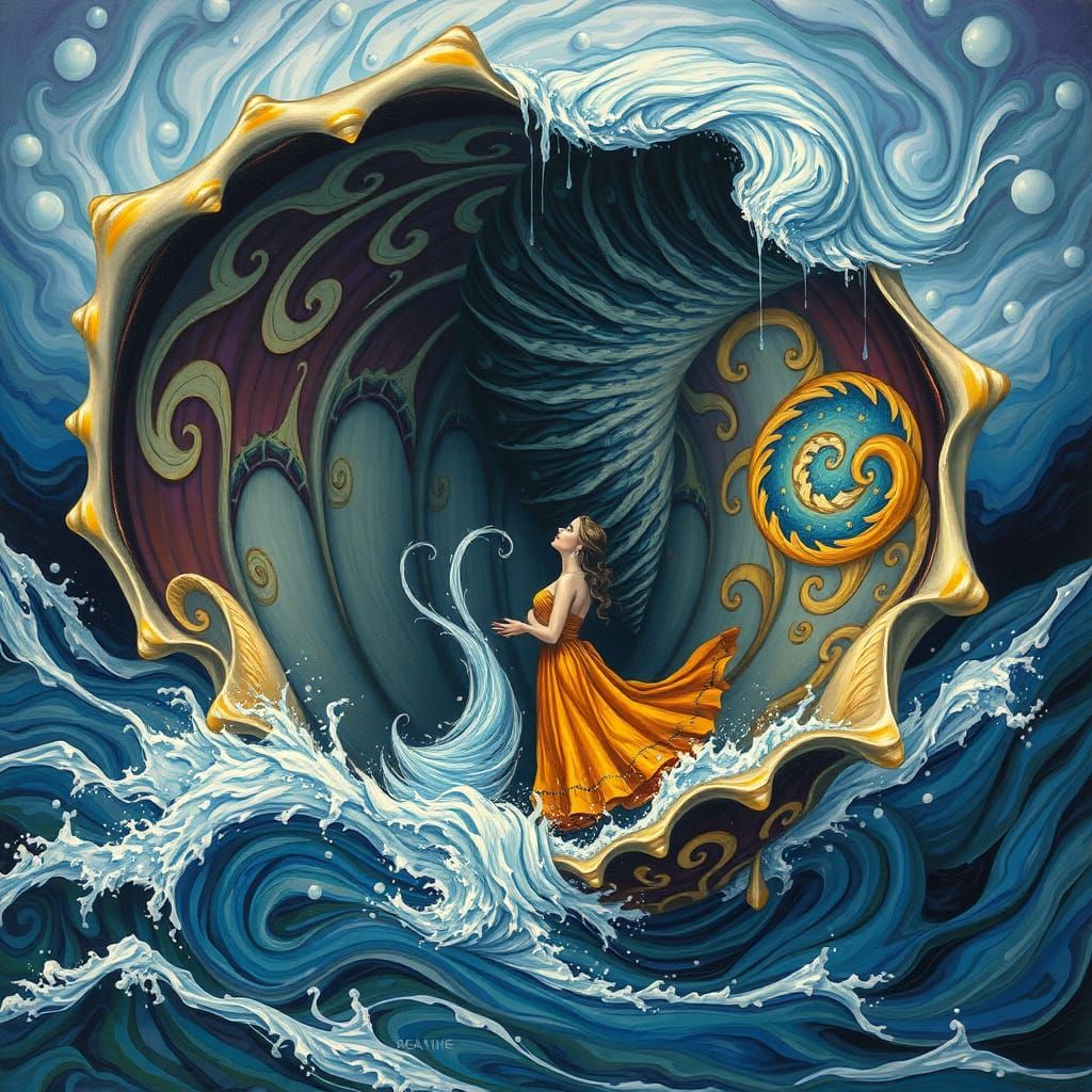 Ethereal Lovers Emerge from Swirling Shell in Stormy Tornado