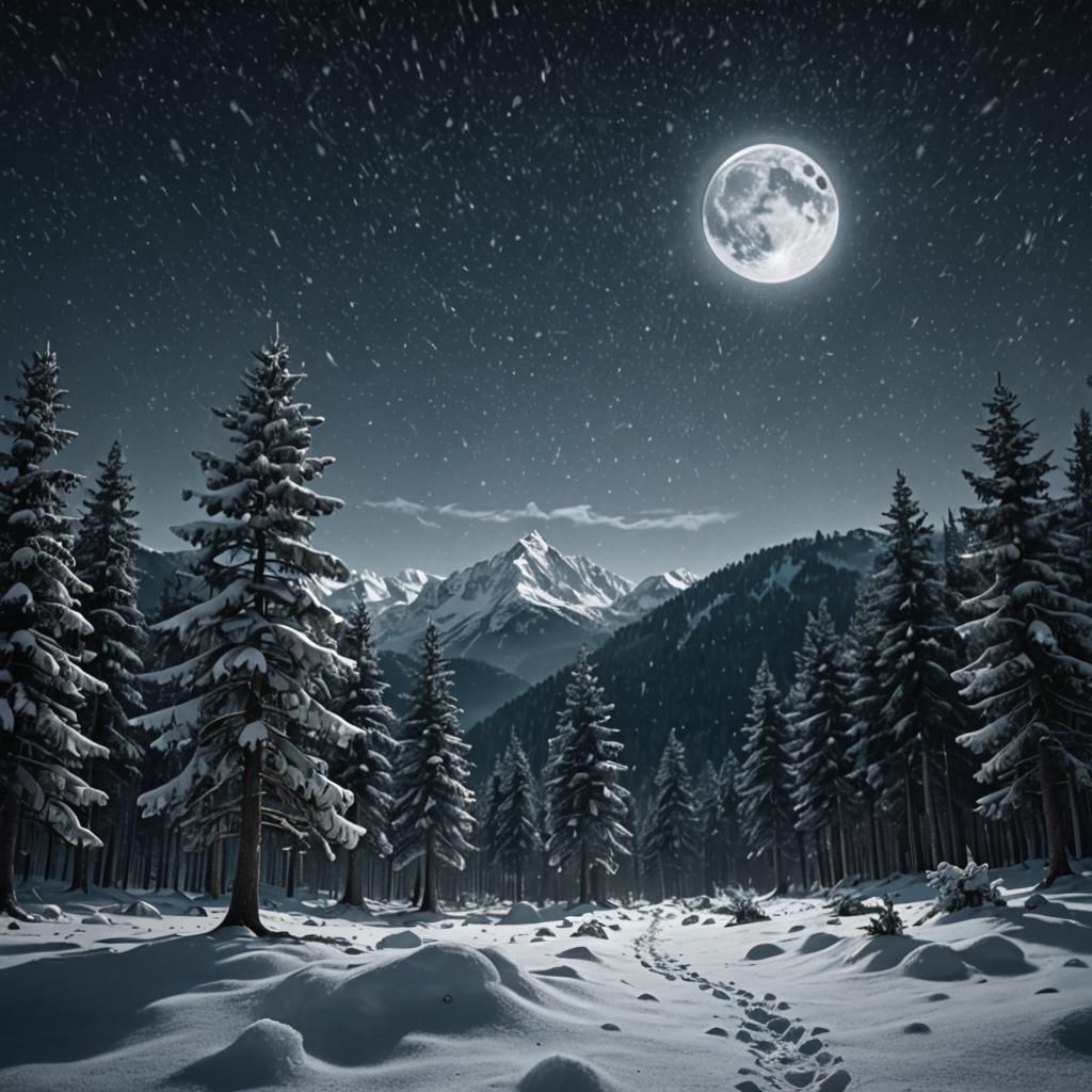 Cinematic Moon Over Snowy Winter Wonderland