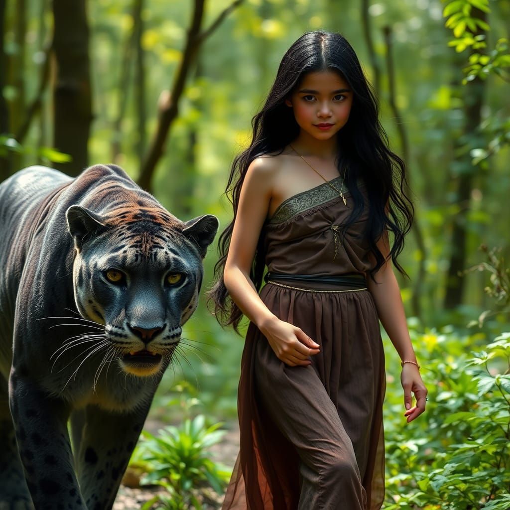 Girl and Panther in Magical Forest: Ultra-Realistic