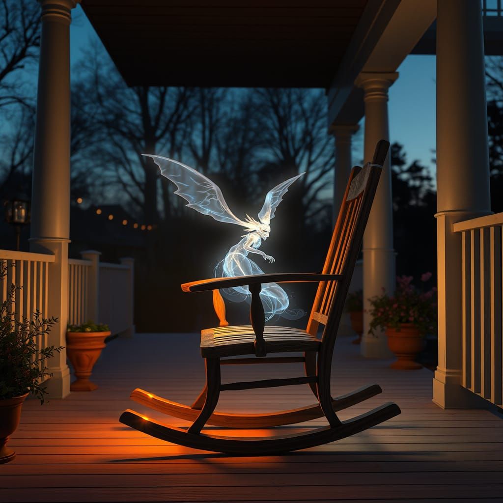 Ethereal Creature in Glowing Rocking Chair, Digital Art