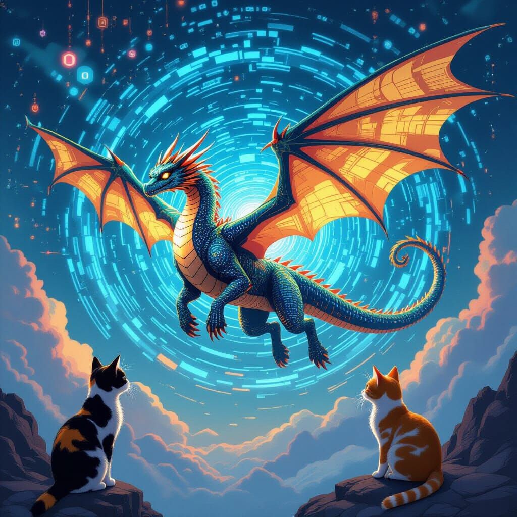 Cyberpunk Dragon Soars Through Digital Sky
