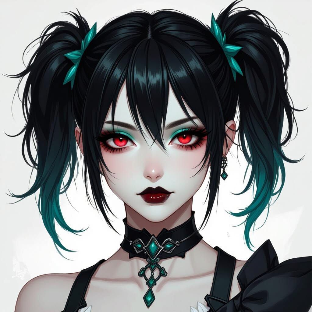 Hyur Character with Black and Teal Pigtails