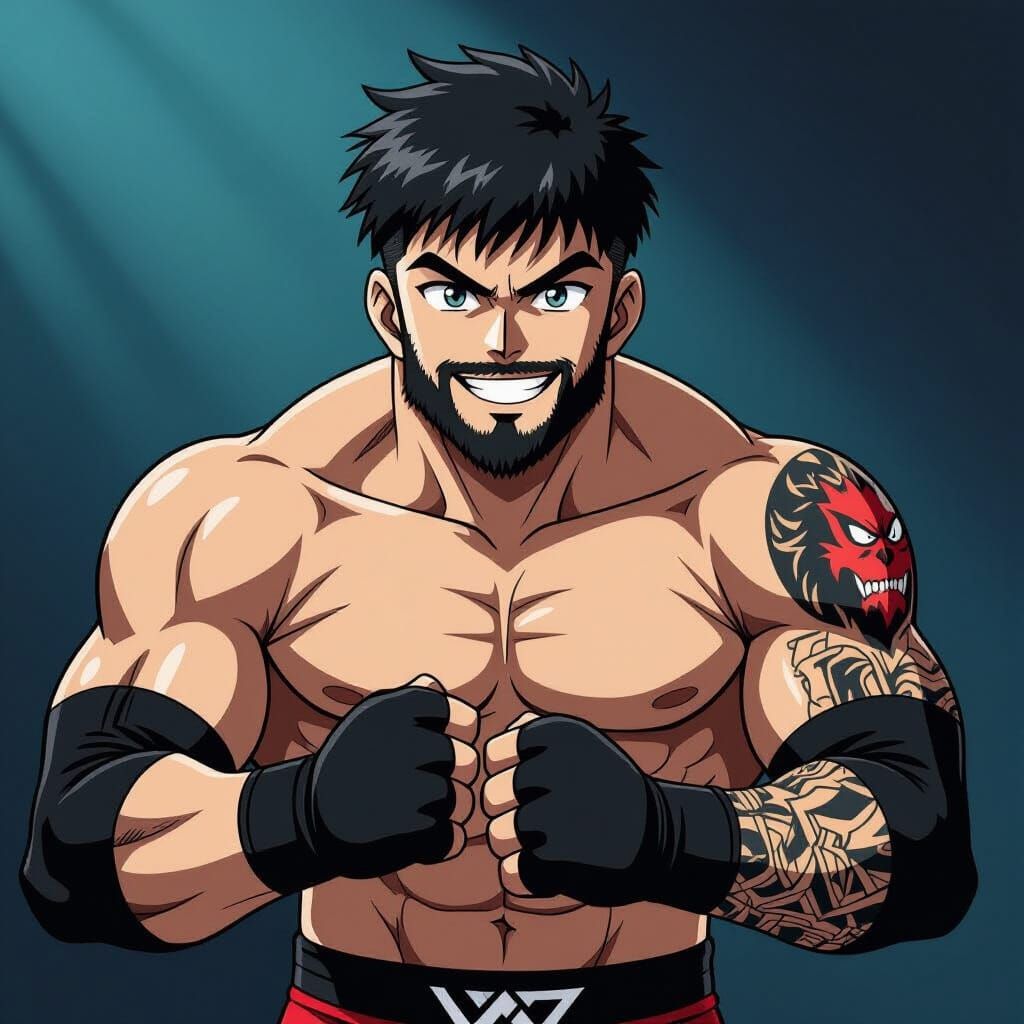 Anime Wrestler with Tattoo Sleeve and Mischievous Smile