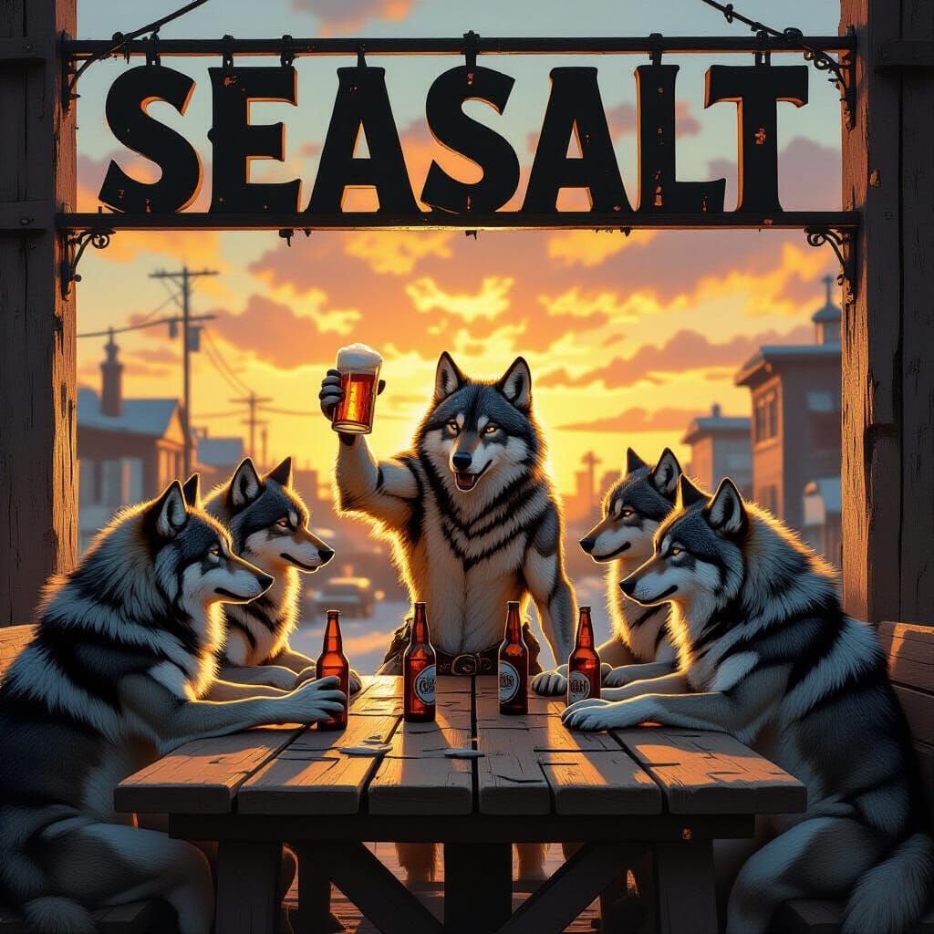 Wolves Share Beer Under Setting Sun
