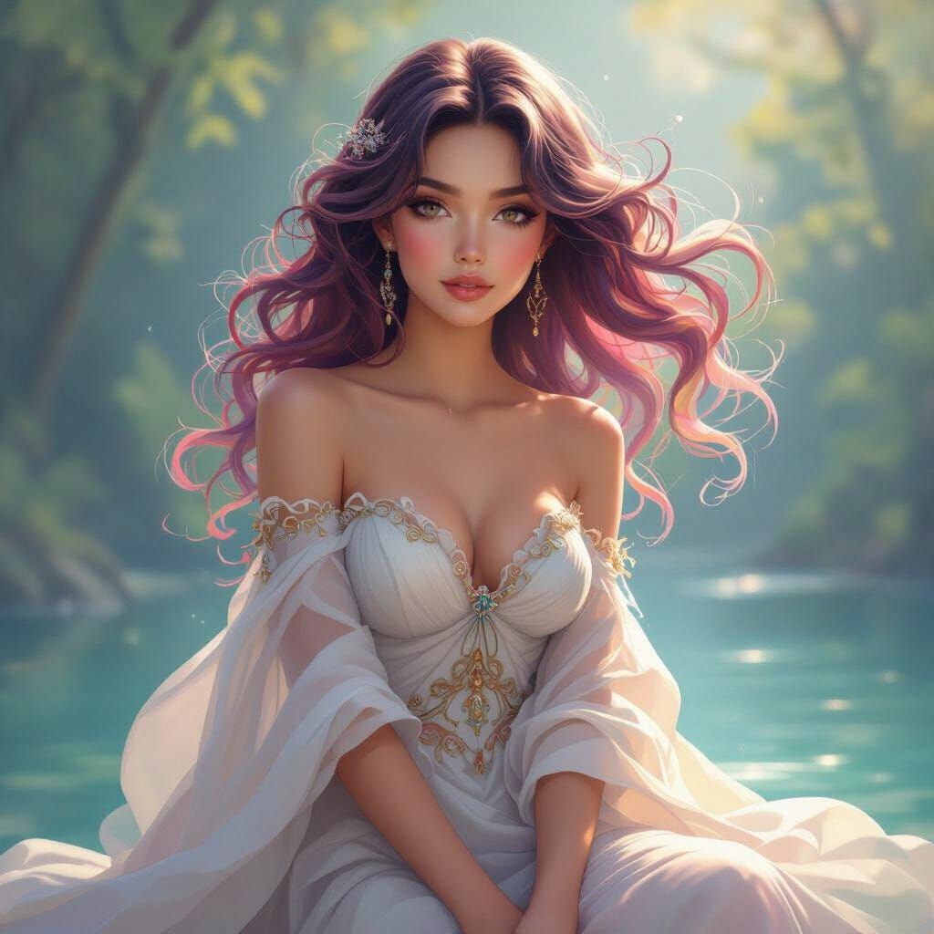 Woman with Flowing Hair in Whimsical Style