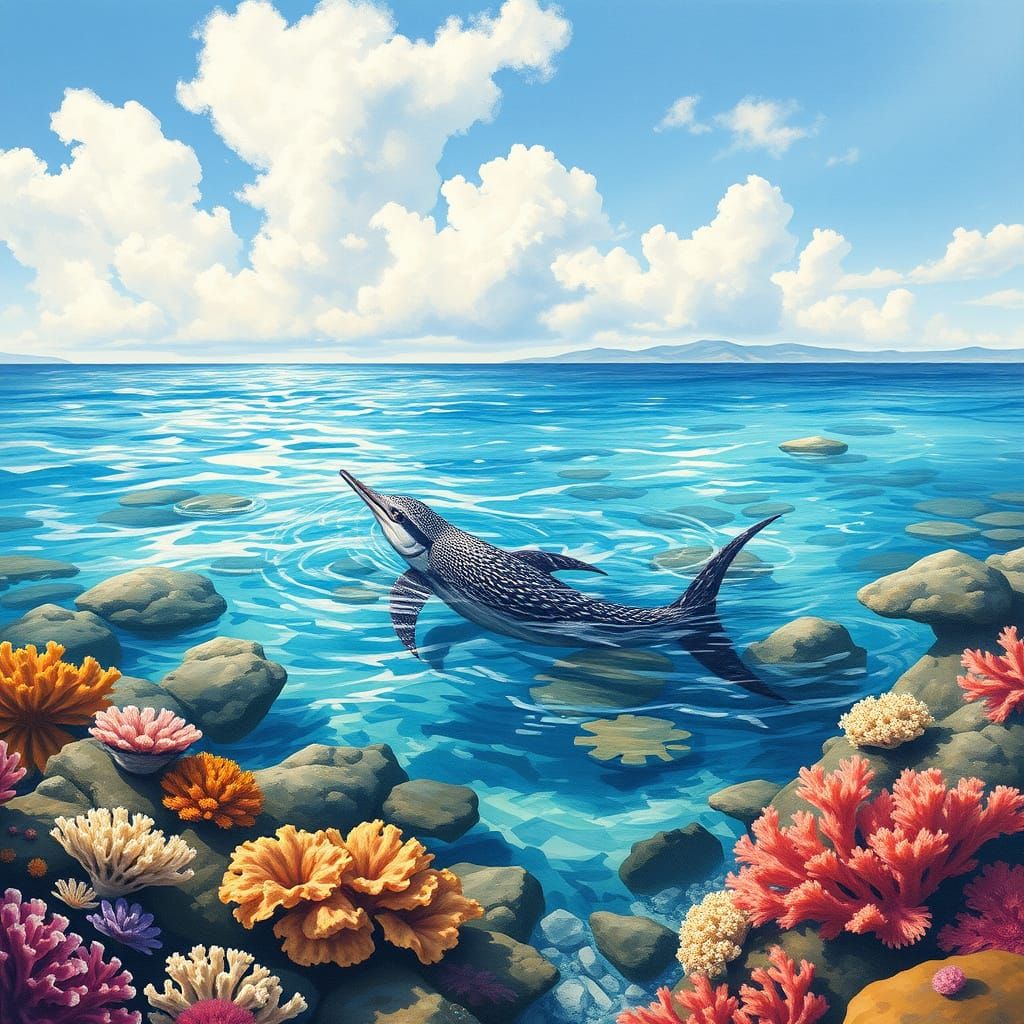Dolphin in Crystalline Sea: Hybrid Impressionist Style