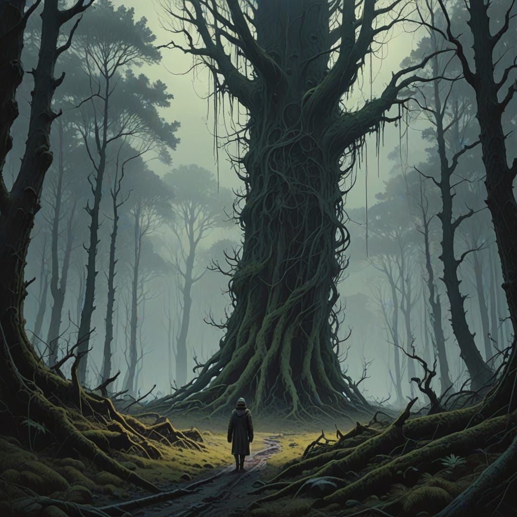 Mysterious Figure at the Edge of a Haunting Forest
