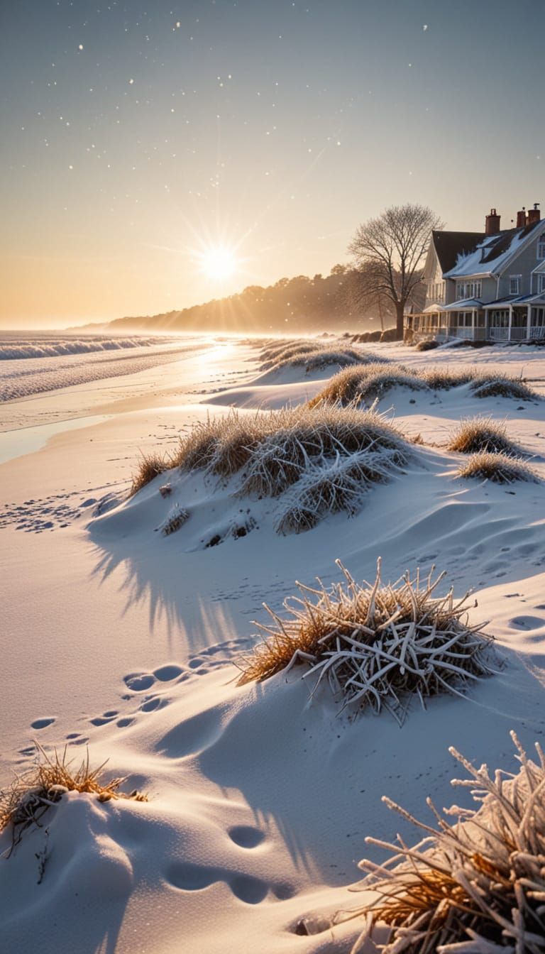 Icy Winter Beach Landscape at Golden Hour