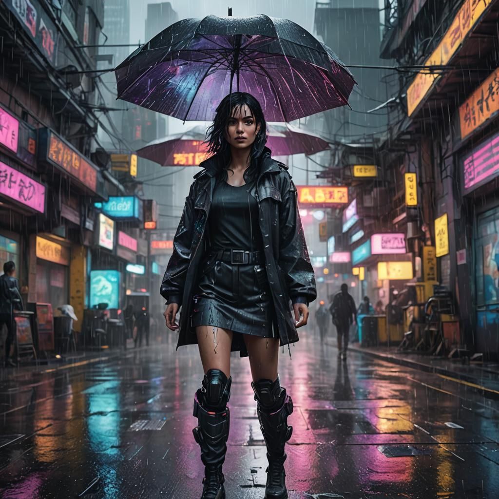 Cyberpunk Woman in Rainy City Street