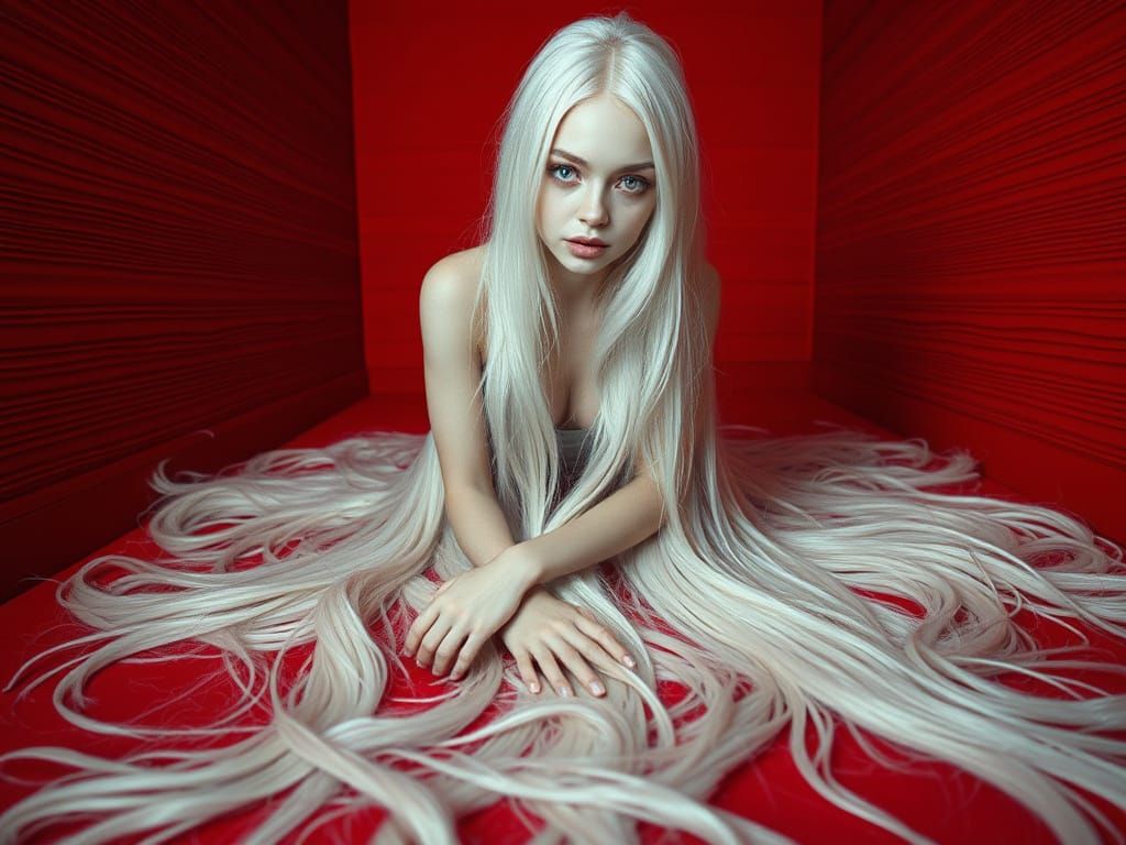 Ethereal Alabaster Beauty in a Haunting Red Chamber