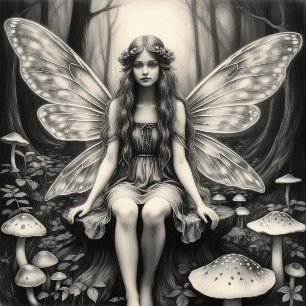 Ethereal Faerie in Whimsical Charcoal Drawing
