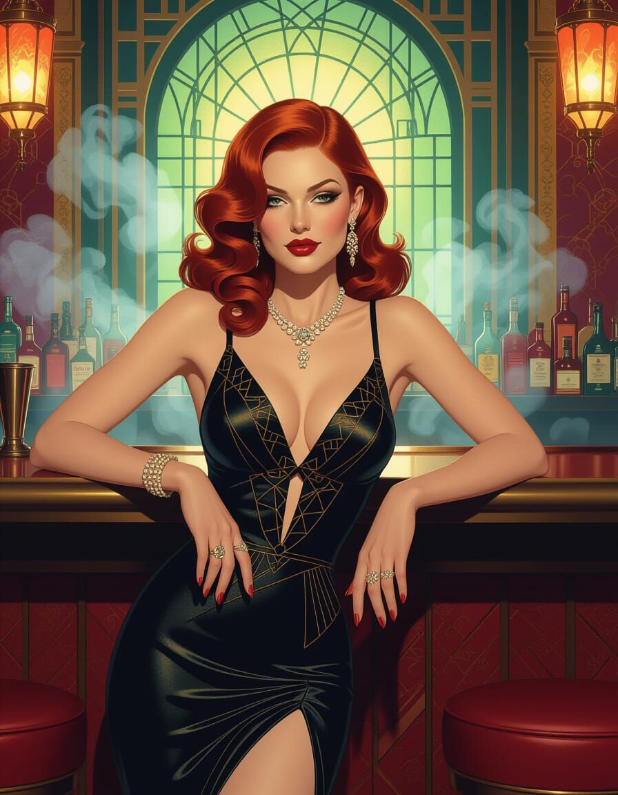 Redhead in Art Deco Speakeasy, Splash Art Style