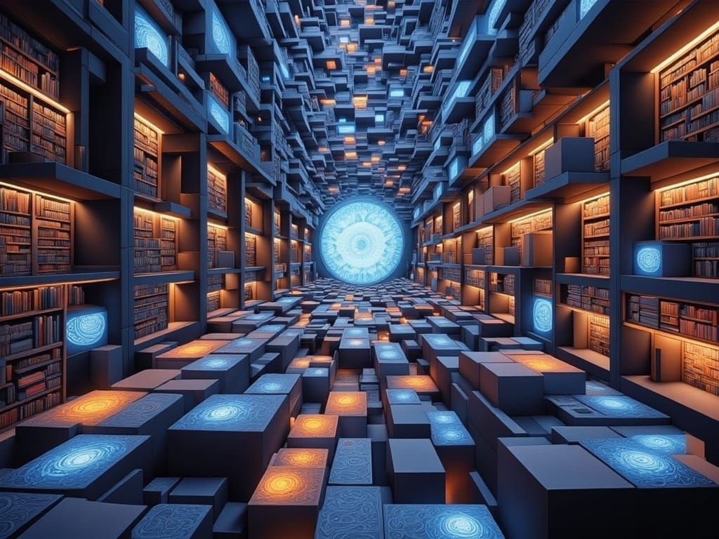Cosmic Library: Infinite Books Glowing in Space