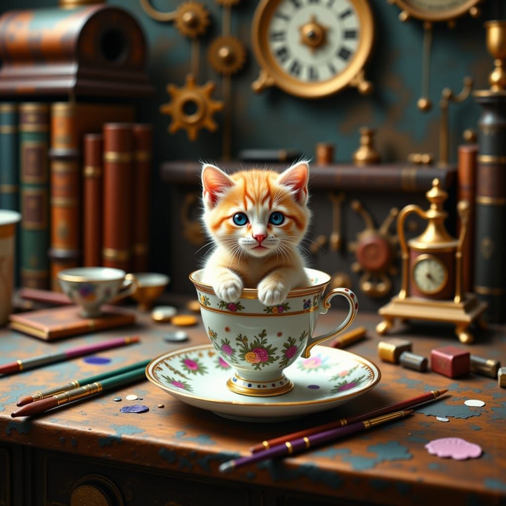 Steampunk Whimsy: Kitten in a Cup Amidst Artistic Chaos
