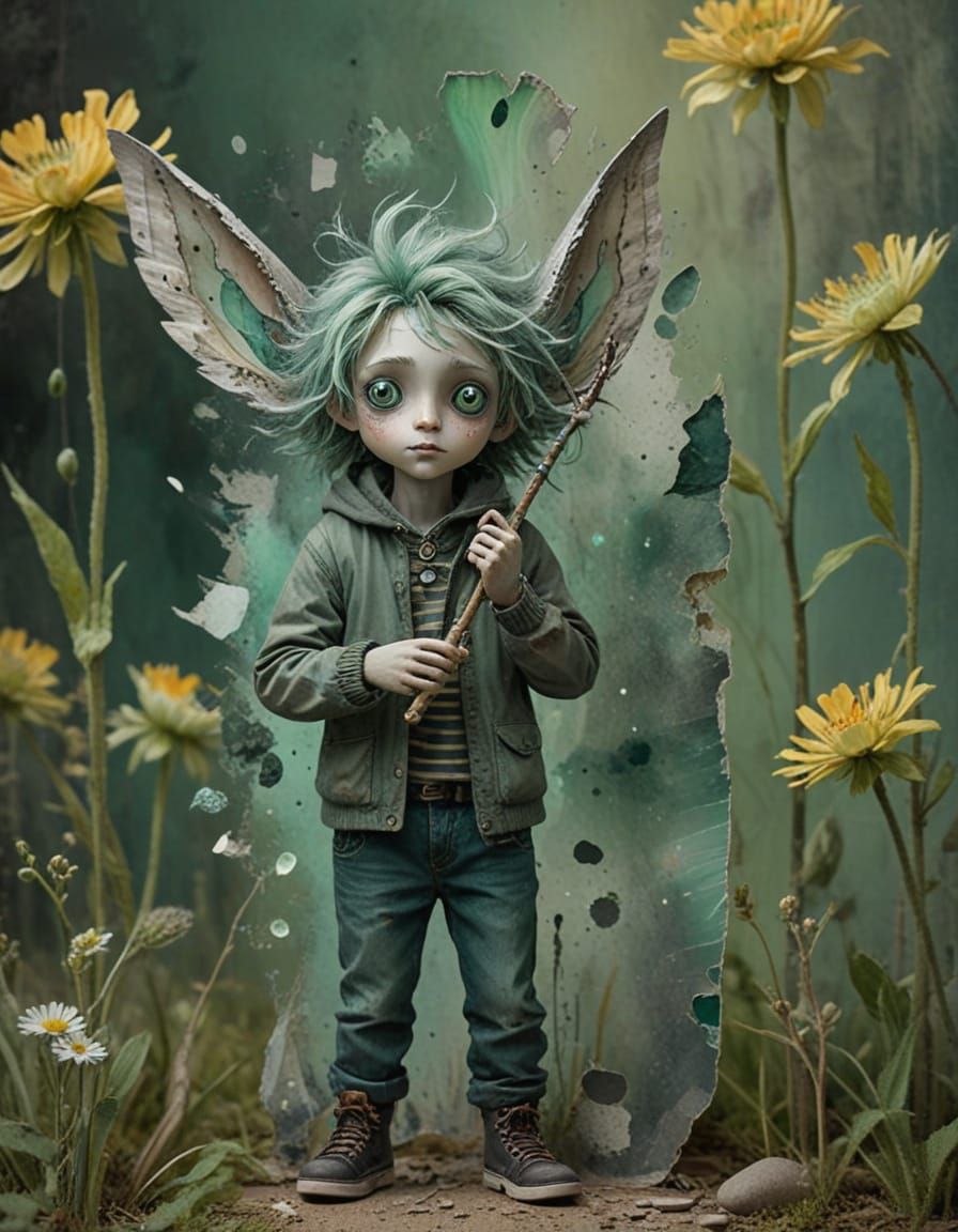 Whimsical Wanderer with Big Eyes on Scrapbook Paper