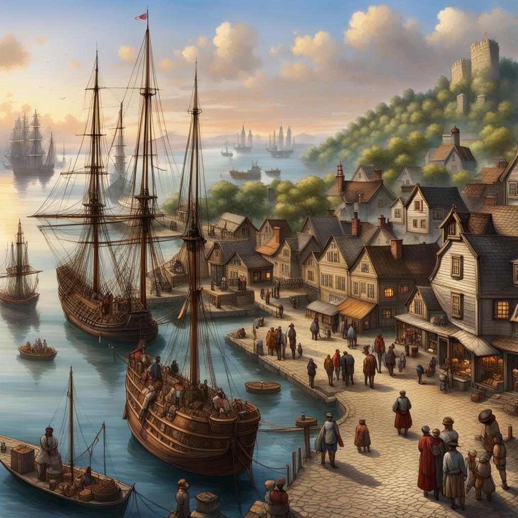 Bustling Harbor Scene in the Year 1500