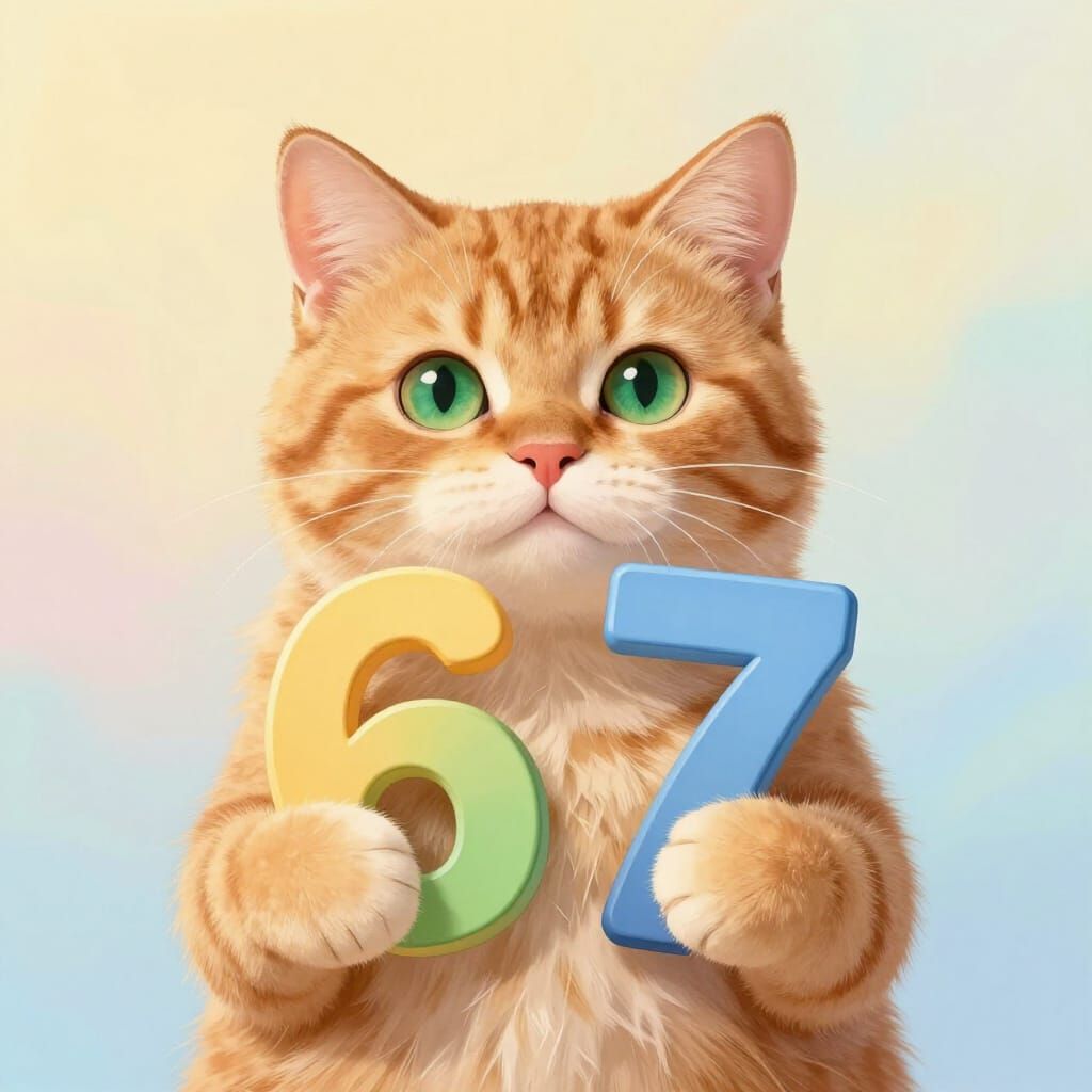 Fluffy Cat Holds Numbers 6 and 7 in Whimsical Style