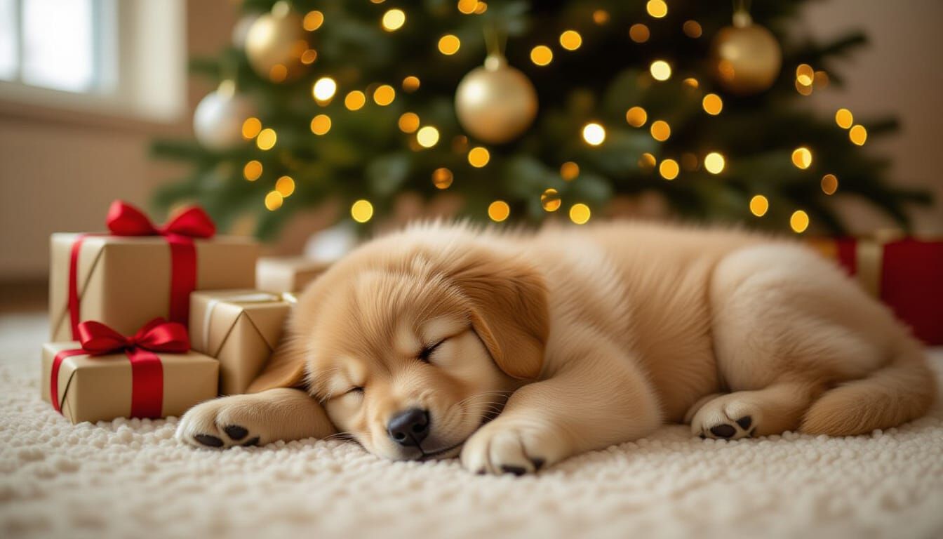 Golden Retriever Puppy Sleeps Under Christmas Tree