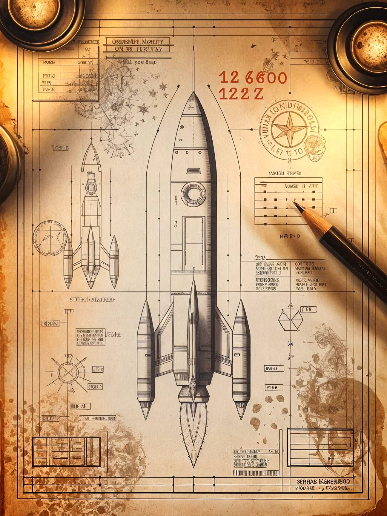 Retro-Futuristic Rocket Blueprint on Parchment