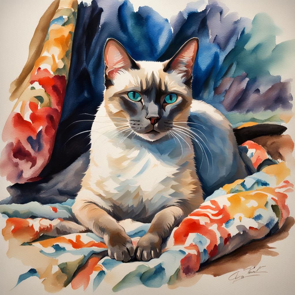 Siamese Cat Yawning: Gouache Watercolor Impressionist Painti...
