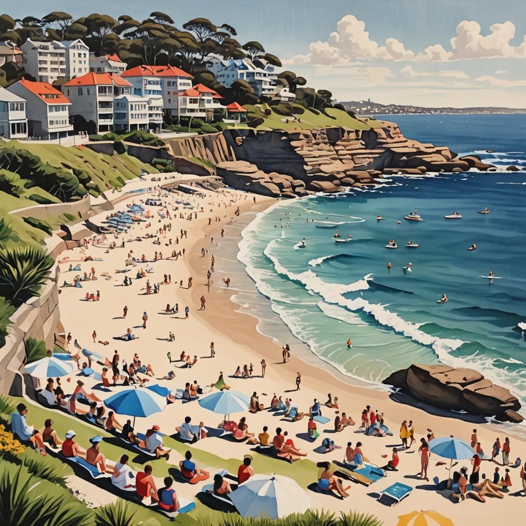 Bondi Beach Gouache Painting on a Hot Day