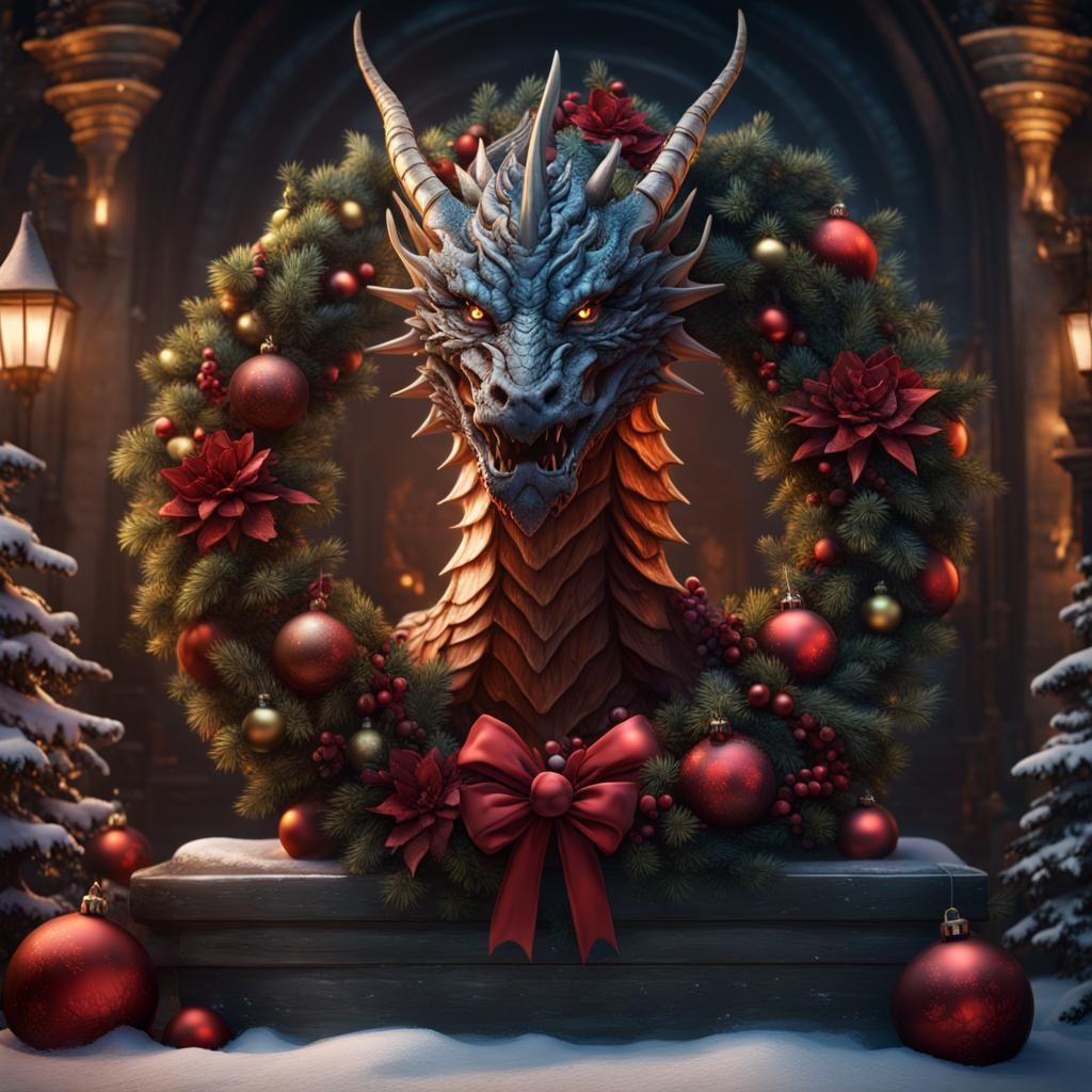 Dragon Christmas Wreath in Detailed Matte Painting