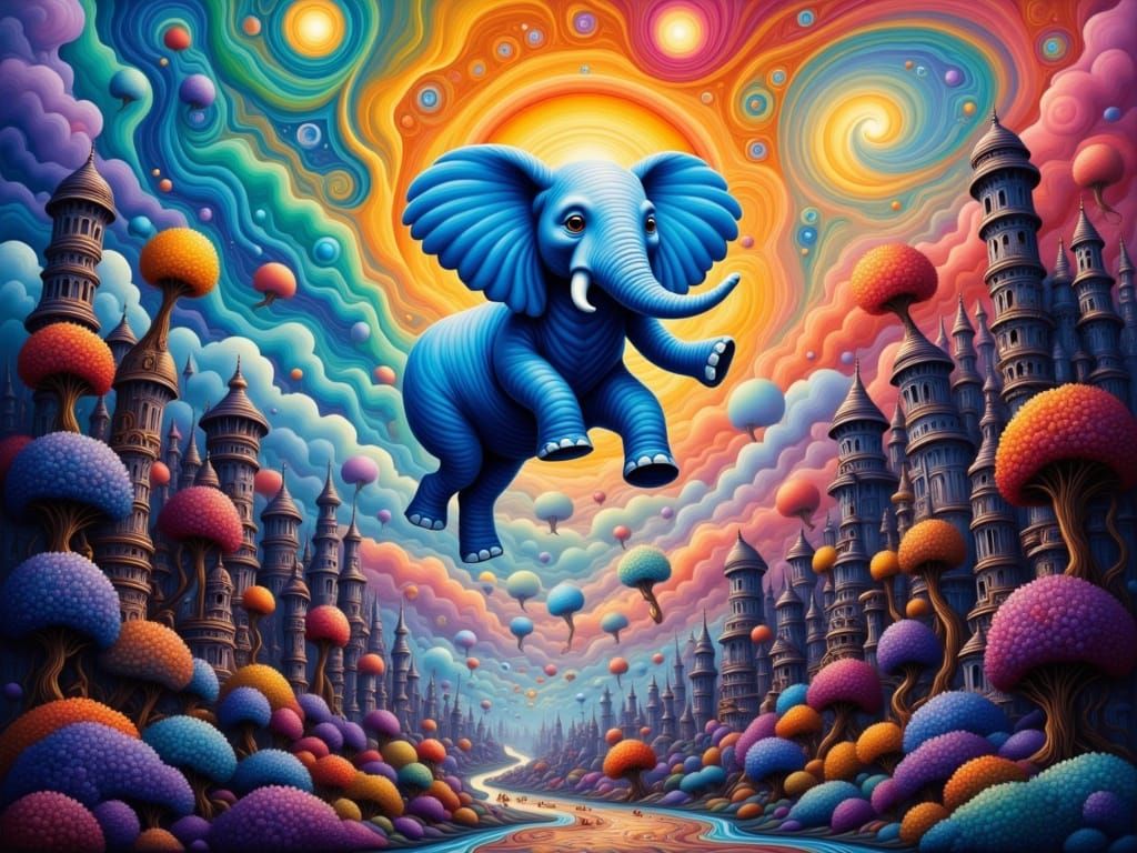 Surreal Elephant Balloon Soars Through Timeless Metropolis