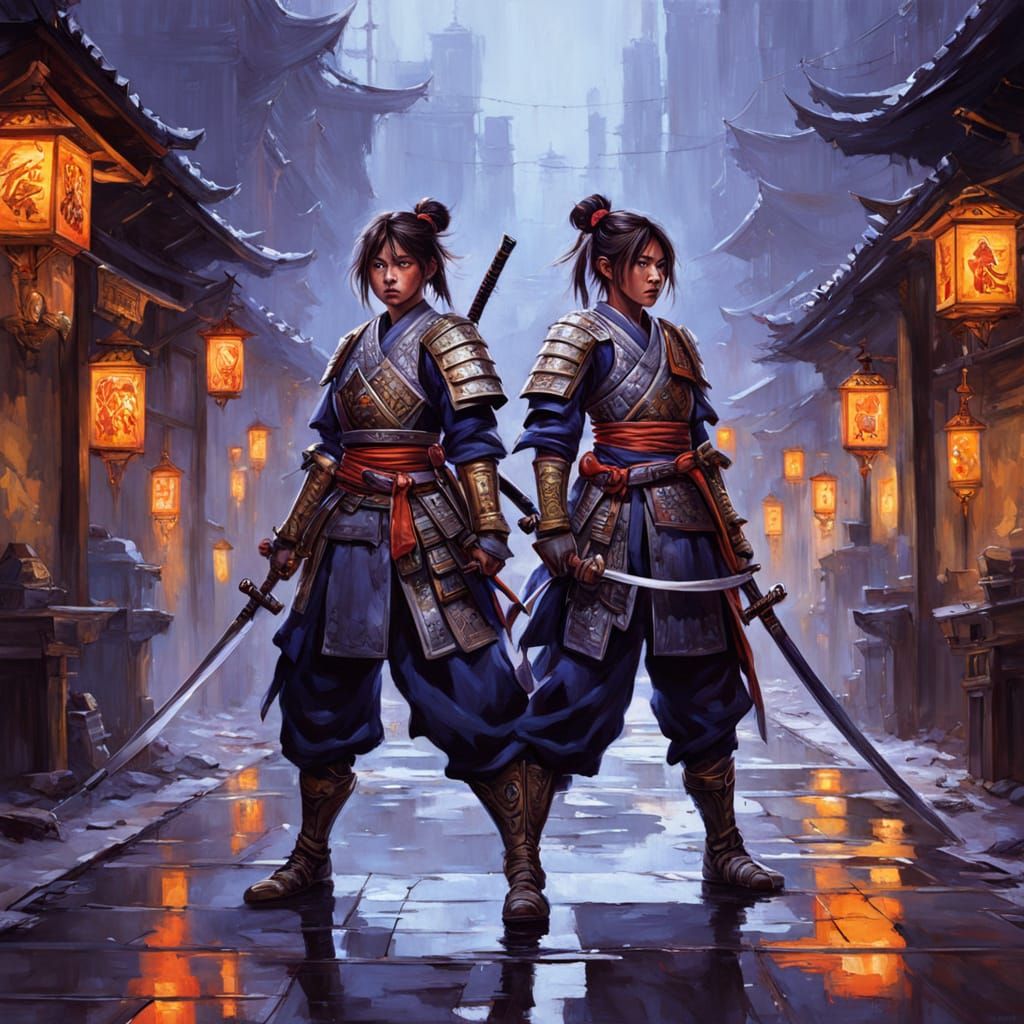 Two Samurai Warriors in Dark Fantasy Battle