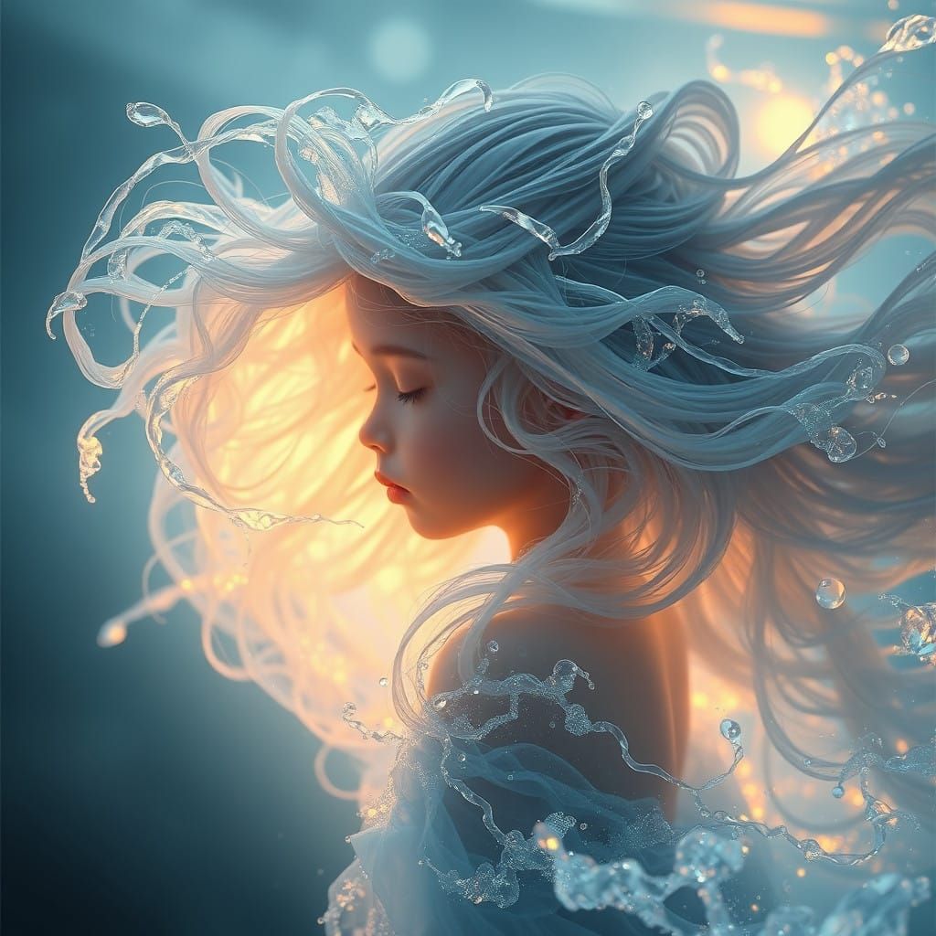 Ethereal Girl with Ocean Hair in Vibrant Fantasy World