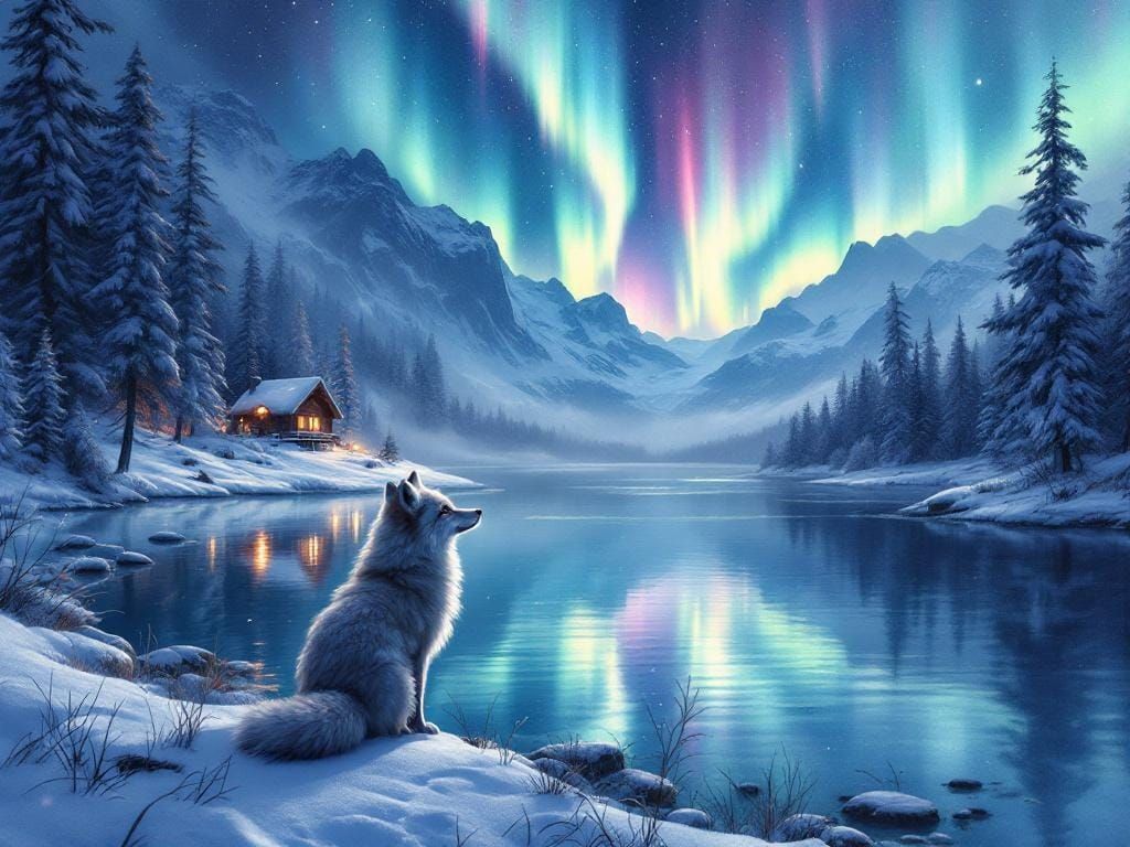 a fox a cabin and an aurora borealis