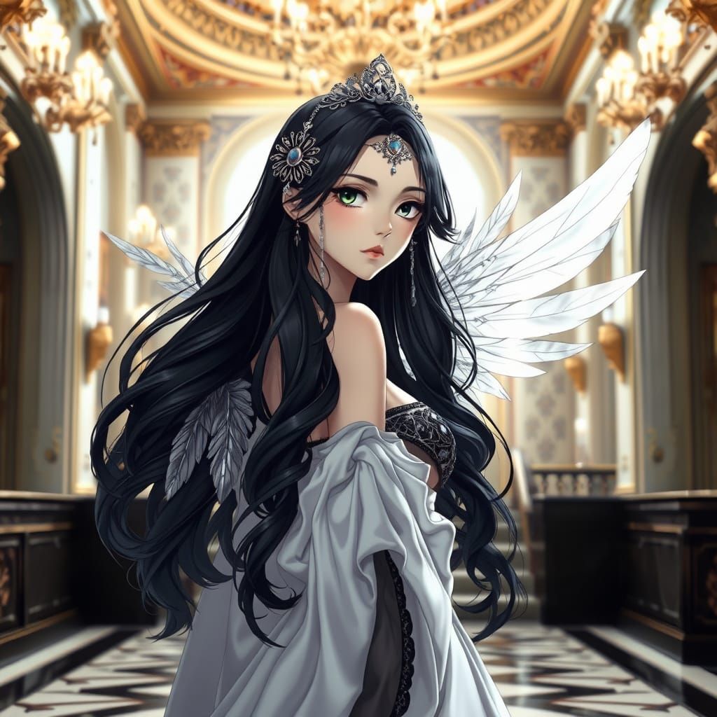 Regal Anime Goddess with Silver Wings and Elegant Ring