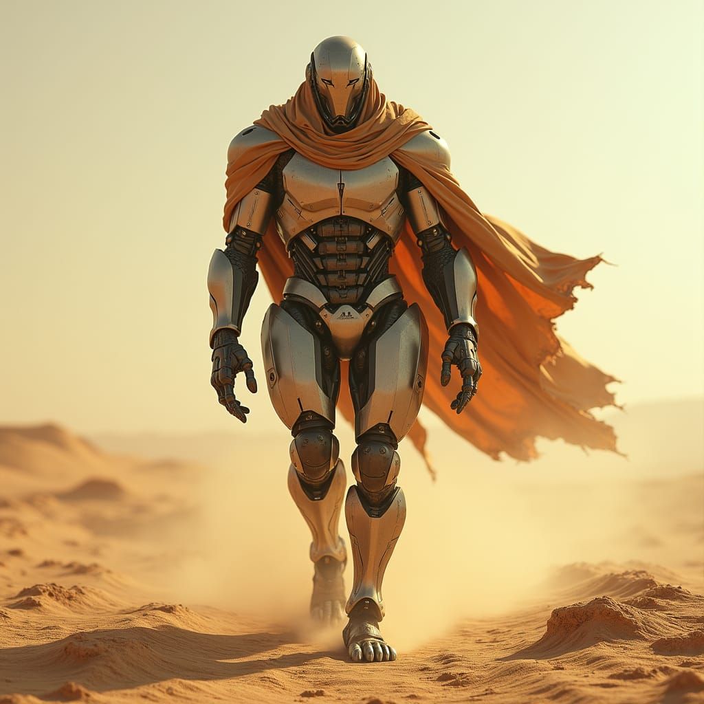 Mech Warrior in Desert Landscape, Matte Painting Style