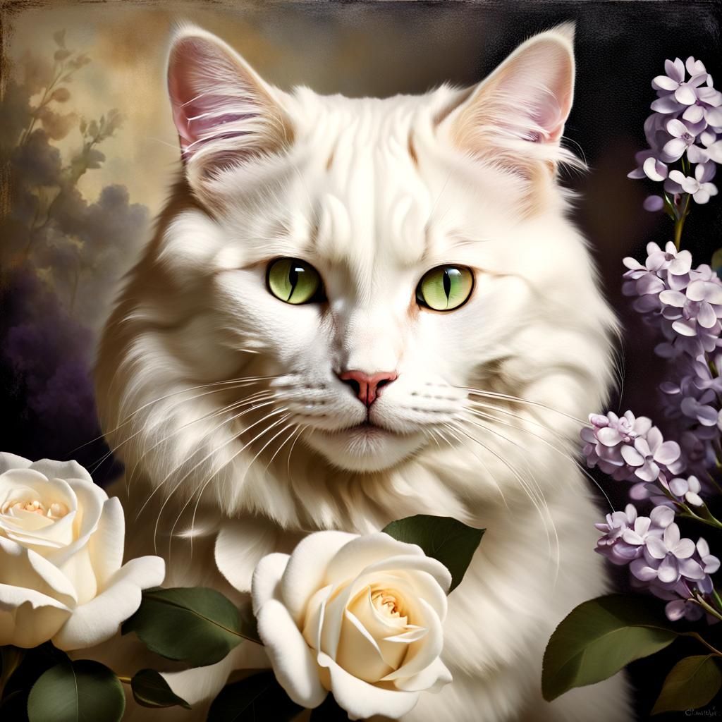 Cream Cat Portrait with Roses, Old Master Style
