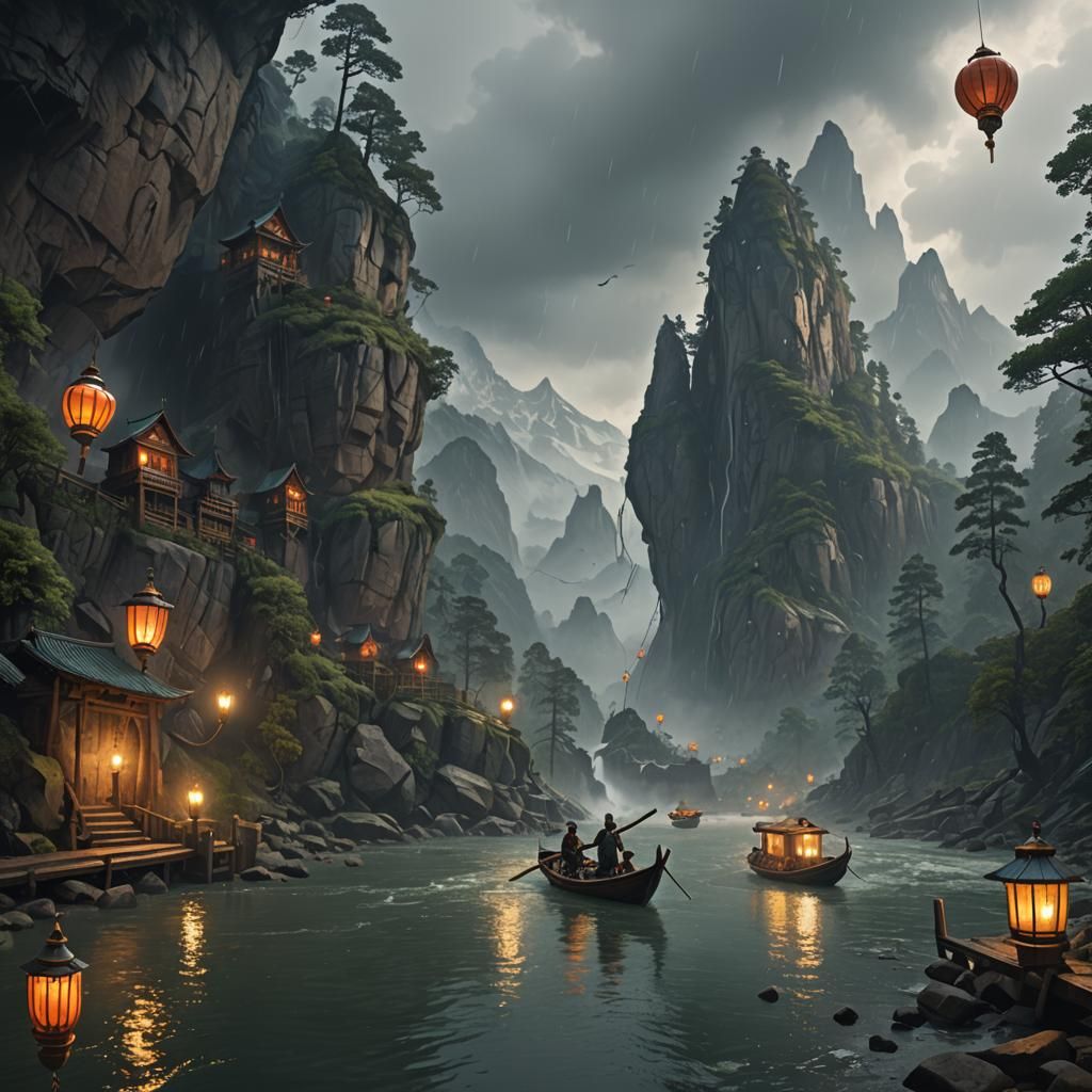 Rainy River Journey with Lanterns in Matte Painting Style