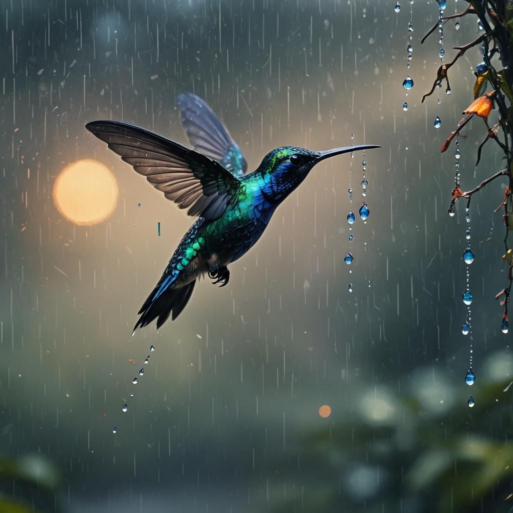 Hummingbird in Rain: Fantastical Matte Painting