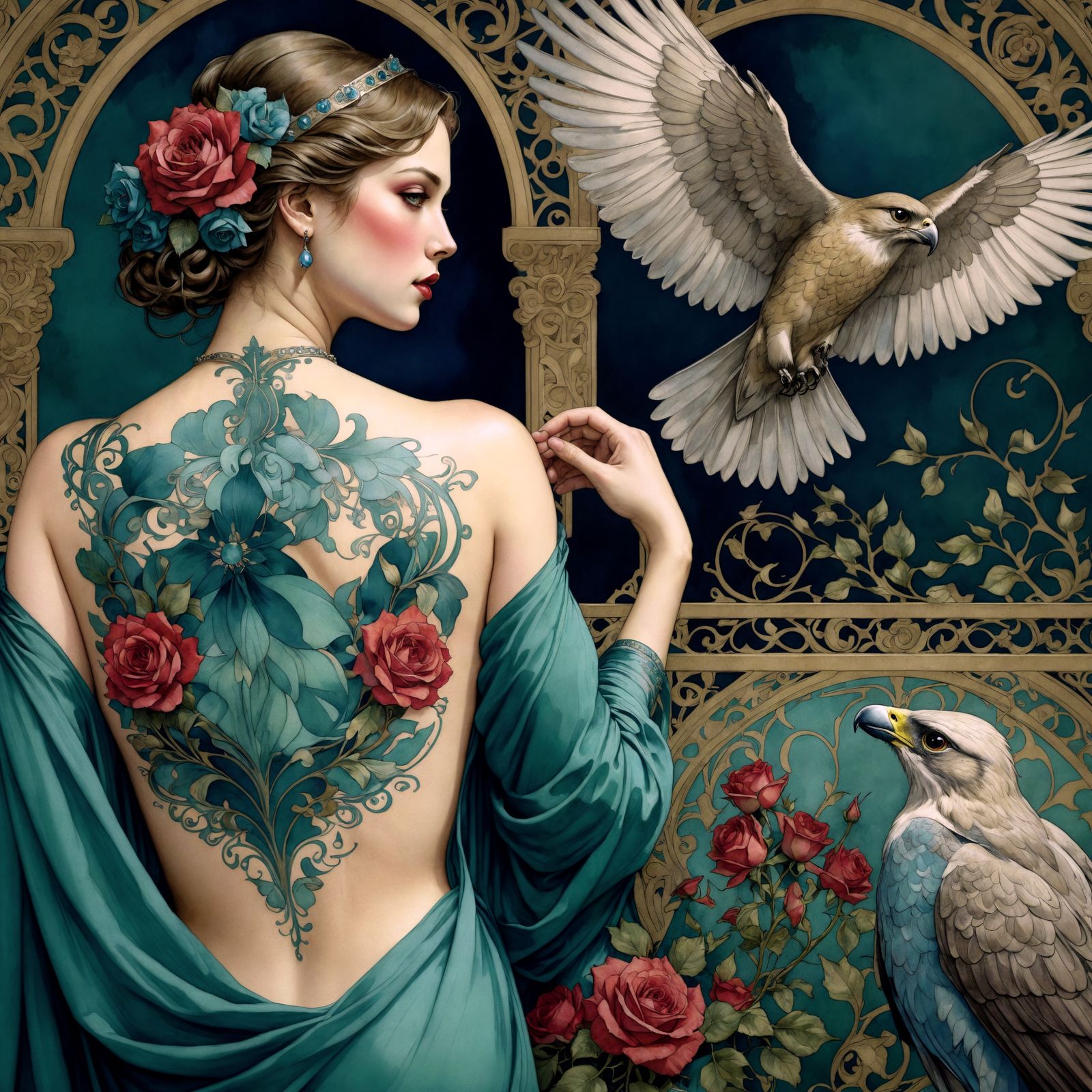 Luminous Art Nouveau Goddess in Moroccan Aviary