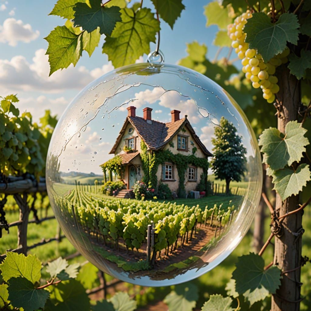 Lush Vineyard Inside a Glass Orb in Oil Painting Style