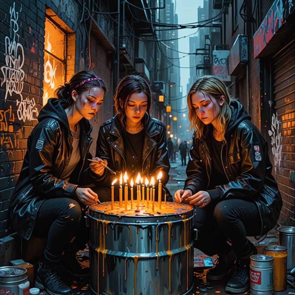 Cyberpunk Birthday in Gritty Alley with Candlelit Glow