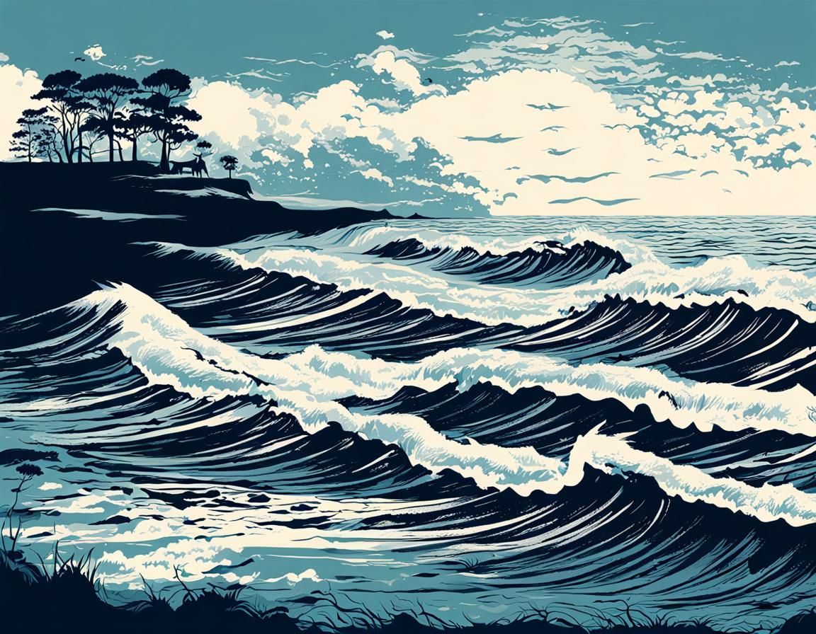 Dramatic Ocean Waves Crashing: Pop Art Screen Print